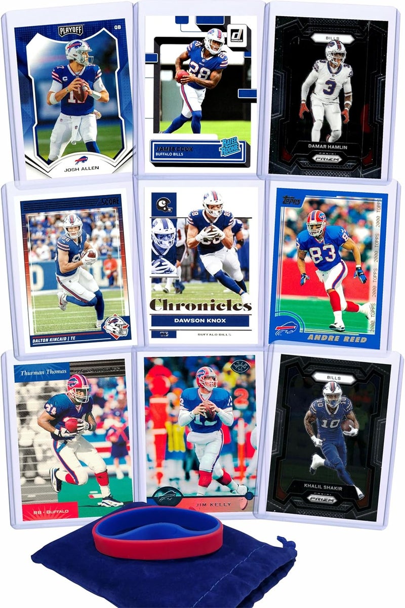 Chaser Buffalo Bills Cards: Josh Allen, James Cook, Damar Hamlin, Dalton Kincaid, Dawson Knox, Andre Reed, Thurman Thomas, Jim Kelly, Khalil Shakir ASSORTED Football Stars & GOATs Trading Card and Wristbands Gift Pack - Image 1